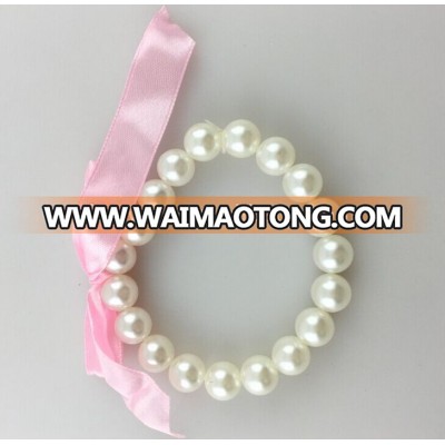 Sweet Princess Pearl Bracelet Pink Elastic Ribbon Decoration for Girls